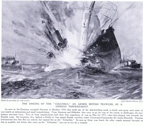 The sinking of the Columbia an armed British trawler by a German torpedo boat on English coastline October 1914